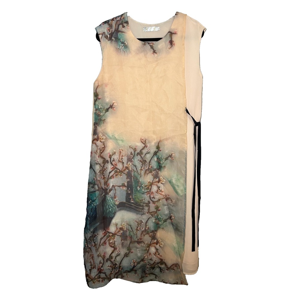 Vintage Ink Wash Cherry Blossom Panel Dress Pink XXL Sheer Ethereal Watercolor